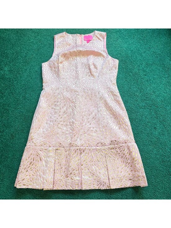 Lilly Pulitzer Dresses & Skirts - Lilly Pulitzer Abree Dress Sz M Prosseco Pink Lagoon Jacquard Gold Brocade EUC